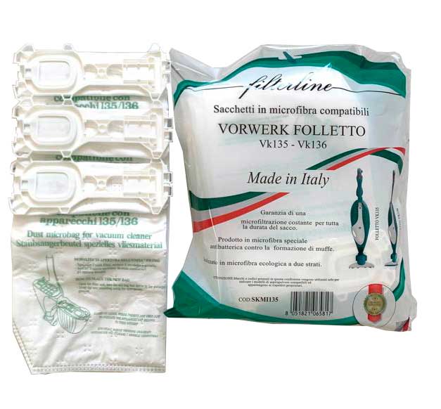Sacchetti anallergici in microfibra Vorwerk Folletto VK135 e VK136 6pz  prodotti in Italia